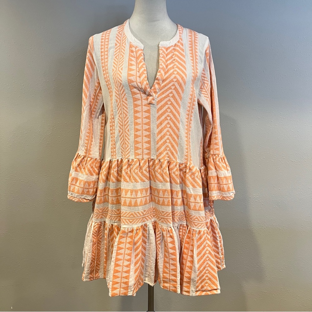 Paani Orange and White Patterned long bell sleeves a-line mini Dress size medium